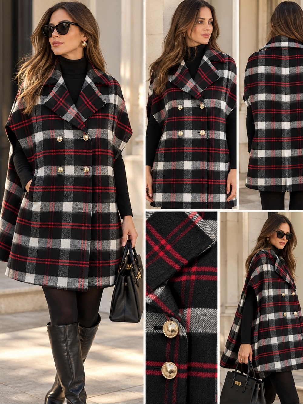 Charter Club Plaid Poncho Cape Black Red Gray Small NWOT